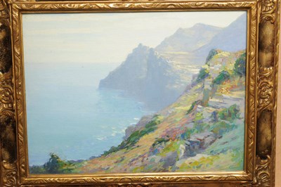 Lot 773 - Augustus William Ennes RBA (1876-1948) Rocky coastal scene, possibly Ravenscar Oil on board, 37.5cm