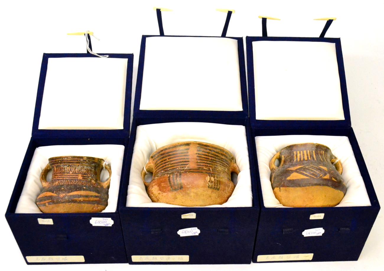 Lot 57 - Three Chinese Terracotta Twin-Handled Storage Jars, with geometric decoration, 10.5cm, 9.5cm...