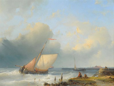 Lot 775 - Abraham Hulk Snr (1813-1897) Dutch Fishing boats in a Dutch estuary with figures drying nets in the