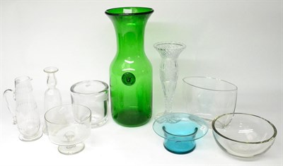 Lot 80 - A Green Glass Large Vase, 20th century, 52cm high; A Moulded and Cut Glass Vase, 37cm high;...