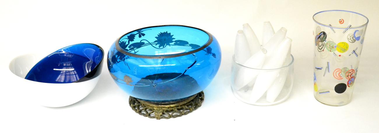 Lot 84 - A Modern Orrefors Blue and White Glass Bowl, 29cm diameter, boxed; A Michael Ruh, Tulipani...