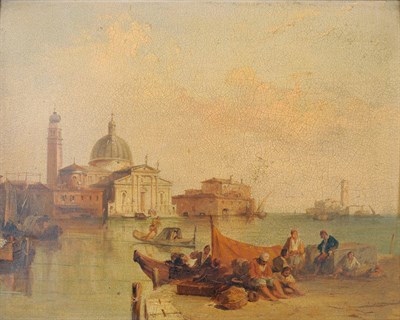 Lot 777 - Attributed to Edward Pritchett (fl.1828-1879) Venetian canal scene with figures seated on a...