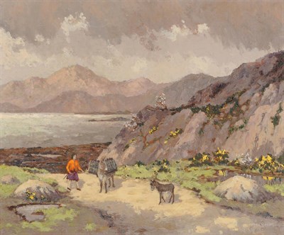 Lot 782 - Mabel Young (1889-1974) Wicklow Hills, Irish landscape with a figure and donkeys on a path...