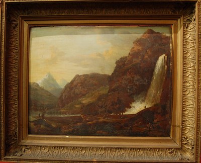 Lot 783 - Continental School (19th century) Mountainous landscape with figures observing a waterfall Oil...