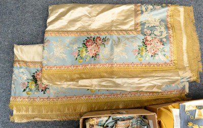 Lot 155 - Four Cream Silk Panels with 19th Century French Silk Brocade Edging, the brocade is woven with pink