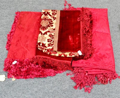 Lot 157 - A 19th Century Red Silk Damask Bed Cover with tassel trim 230cm by 270cm; another similar, 275cm by