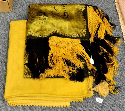 Lot 166 - A Large 19th Century Yellow Woven Silk Bed Cover with a blue silk reverse, 210cm by 265cm; and...