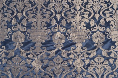 Lot 169 - Three Pairs of 19th Century Navy Blue Silk Brocade Curtains, with green braid trim to the...