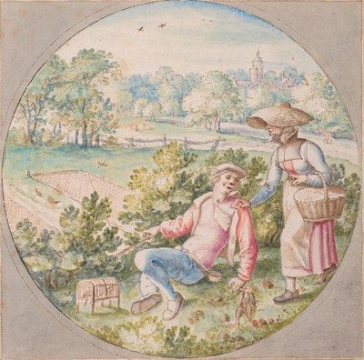 Lot 179 - Dutch School (17th century) A birdcatcher at rest on a grassy bank conversing with a lady...