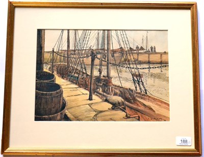Lot 188 - David William Burley (1901-1990)  Dock scene  Signed and dated (19)38, pen, ink and...