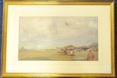 Lot 192 - V V Butler (early 20th century)  Airfield Signed and dated 1917, watercolour, 25cm by 45cm together