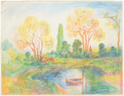 Lot 193 - Louis Wain (1860-1939)  Summer river landscape Signed, coloured crayon, 17cm by 22.5cm...