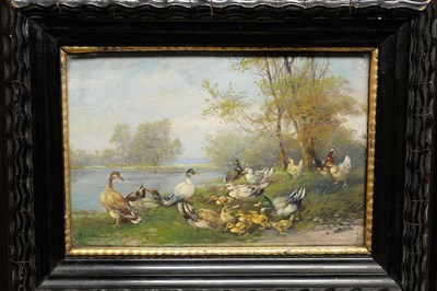 Lot 788 - Max Hanger (1874-1941) German Ducks, ducklings and chickens beside a river Signed, oil on...