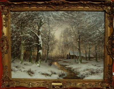 Lot 789 - Carl Ludwig Fahrbach (1835-1902) German Winter landscape with figures beside a stream Signed...