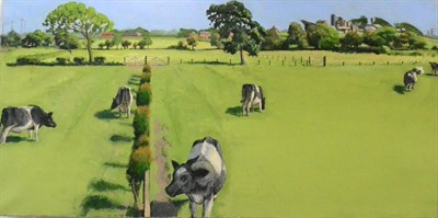 Lot 222 - Julian Bell (Contemporary)  Cattle Grazing  Signed verso, oil on canvas, 50.5cm by 101cm...