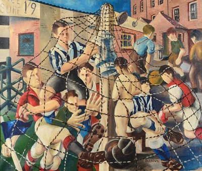 Lot 225 - * Burrows (Mid 20th century) Football match behind terraced houses Signed, oil on canvas, 88.5cm by