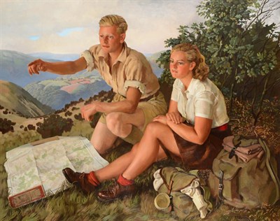 Lot 231 - John Frye Bourne (1912-1991)  ''The Hikers'' Signed, oil on canvas, 99.5cm by 125cm