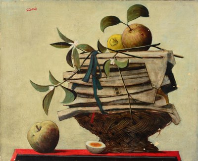 Lot 246 - Andres Segovia (1929-1996) Still life with a basket, apples and a sprig of jasmine Signed, oil...