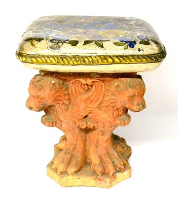 Lot 251 - A Faience Garden Seat, in Renaissance style, the square cushioned top painted with flowersprays...