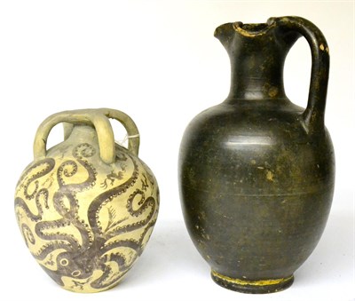 Lot 268 - A Roman Style Black Glazed Ewer, with trefoil rim, 31cm; and A Greek Style Vase, painted with...