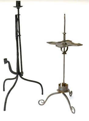 Lot 289 - A Wrought Iron Candle Holder, 19th century, with hook finial over an adjustable quatrefoil...