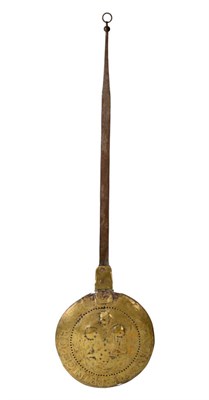 Lot 295 - A Brass Warming Pan of Jacobite Interest, the circular hinged cover decorated with a fleur de...