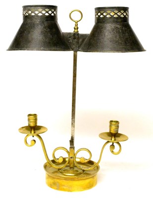 Lot 300 - A Brass and Steel Candelabrum with Two Tole Shades, 19th century, on a square column with...