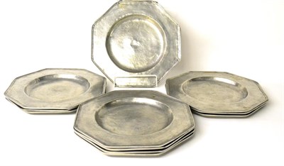 Lot 303 - A Set of Twelve Pewter Place Plates, 18th century, of octagonal form with reeded rims, 29.5cm wide