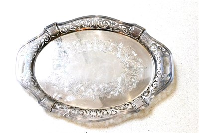 Lot 313 - A 20th Century Silver Plated Tray, oval with a pierced border and twin handles, the centre engraved