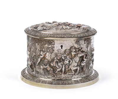 Lot 314 - A Victorian Silver on Copper Tea Caddy, oval, the exterior profusely decorated with Bacchanal...