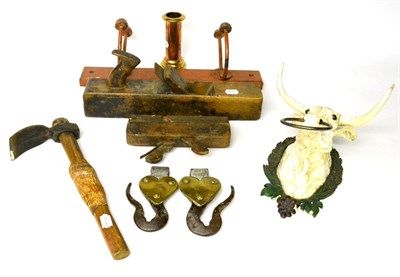 Lot 321 - A Wooden Moulding Plane, 19th century, stamped W.FOREMAN, 23cm; A Pair of Iron Hooks, the heart...