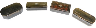 Lot 329 - A Lacquer Snuff Box, 19th century, the hinged cover with white metal cartouche on a faux...