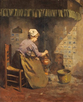 Lot 801 - Carolus Johannes Thyssen (1867-1917) Dutch Interior scene with a girl seated beside a fireplace...