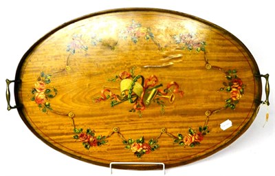 Lot 332 - A Satinwood Oval Tray, painted with musical instruments within a rose swag border, brass...