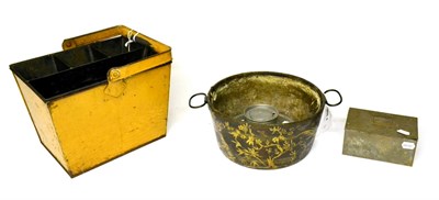 Lot 343 - A Toleware Basket, 19th century, of flared rectangular form, with swing handle, decorated with faux