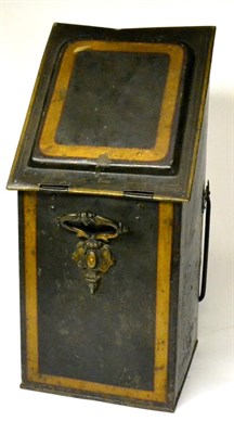 Lot 344 - A Toleware Box and Hinged Cover, 19th century, with sloping fall over a scroll cast handle and...