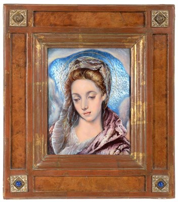 Lot 347 - An Enamel Portrait of the Virgin, after El Greco, wearing a blue headdress and purple shawl,...