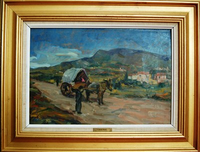 Lot 803 - Jacob Meyer (1895-1971) Danish Figures beside a donkey cart with buildings and hills in the...