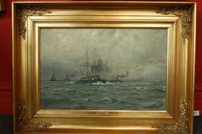 Lot 804 - Benjamin Olsen (1873-1935) Danish A Danish fleet off a coastline, with a town in the distance...