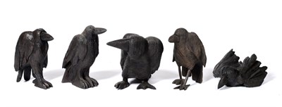 Lot 364 - Claire Guest: A Set of Five Ebonised Wood Cartoon Birds, modern, in various stances, the...