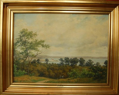 Lot 805 - Axel Schovelin (1827-1893) Danish Coastal landscape with figures on a path in the foreground...