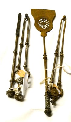 Lot 379 - A Pair of Steel Fire Irons, 19th century, with knopped stems and ball finials, comprising tongs and