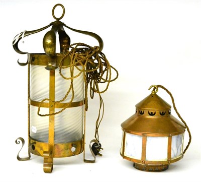 Lot 388 - An Arts & Crafts Copper and Etched Glass Hall Lantern, of cylindrical form with scrolling supports