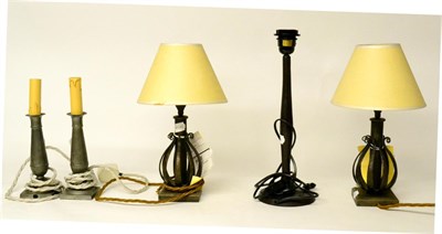 Lot 389 - A Pair of Arts & Crafts Style Wrought Iron Table Lamps, each flanked by scroll supports on...