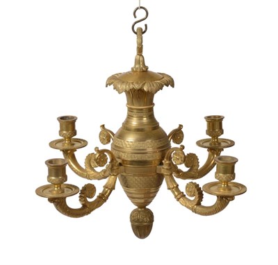 Lot 390 - A Gilt Bronze Small Four-Light Chandelier, in Empire style, of baluster form with leaf moulded...