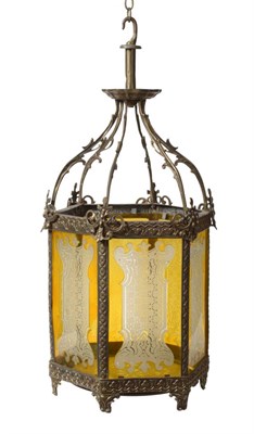 Lot 393 - A Brass Hall Lantern, 19th century, of hexagonal form with leaf sheathed scroll supports and...