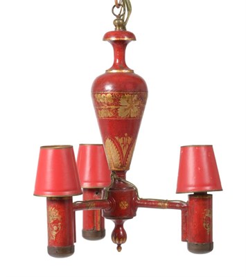 Lot 394 - A Red Lacquer Three-Light Chandelier, mid 19th century, with urn shaped column flanked by three...