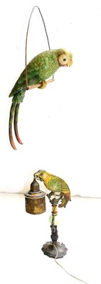 Lot 401 - A Painted and Gilt Metal Electric Table Lamp, 20th century, in the form of a parrot holding a...