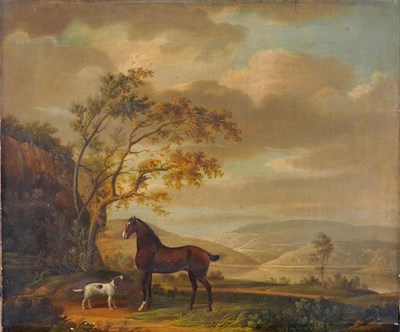 Lot 808 - Circle of John Best (act.1750-1801) Horse and a dog beside trees in a lakeland landscape Oil on...