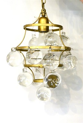 Lot 402 - A Pair of Pendant Lamp Shades, as glass balls hanging from circular collars, 30cm